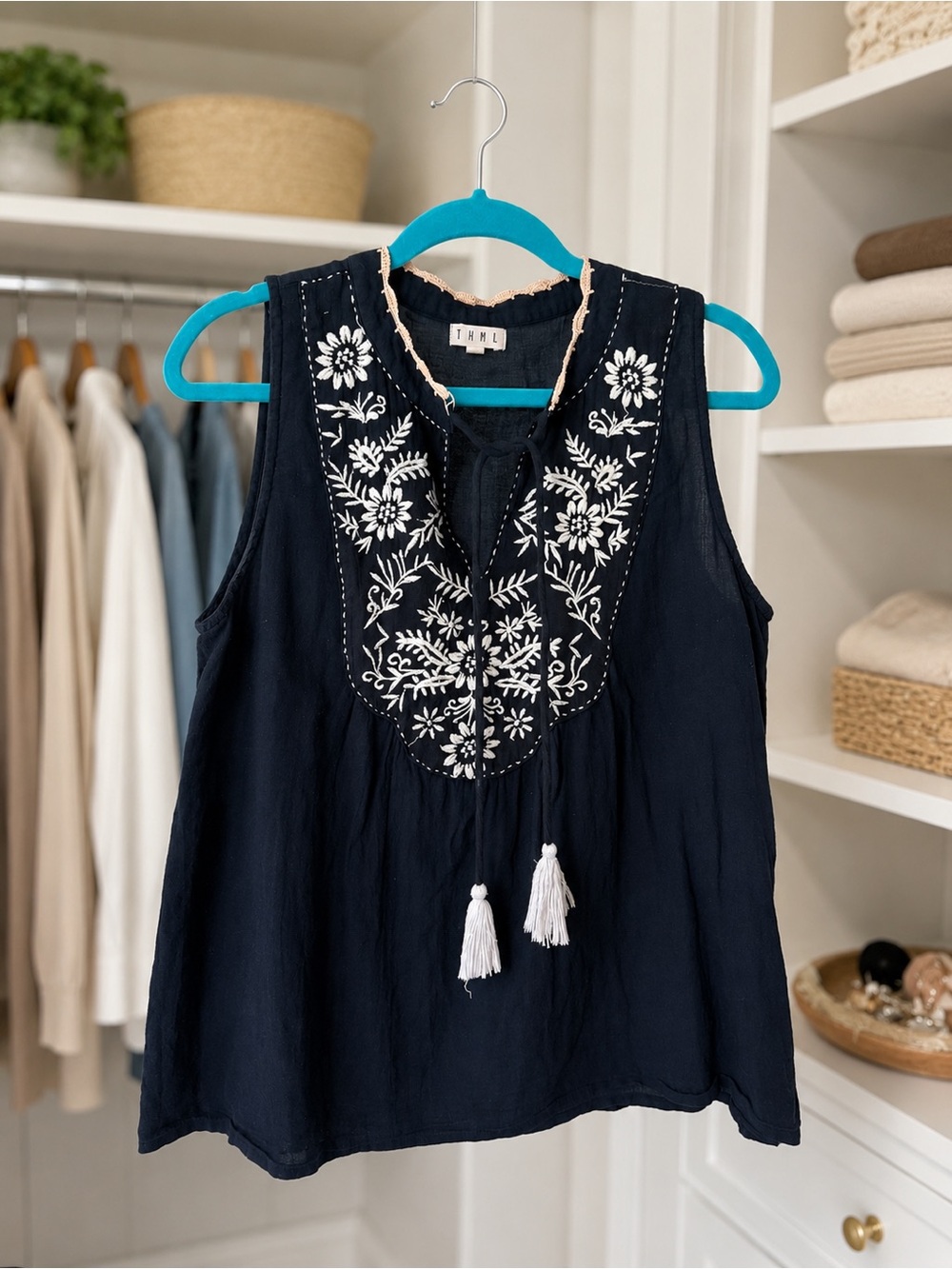 THML Black Sleeveless Embroidered Top